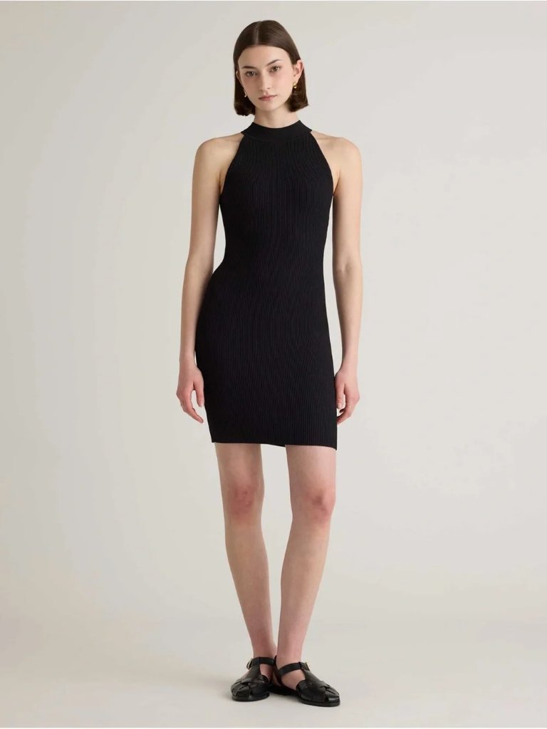 Quince Mockneck Halter Ribbed Knit Sweater Dress Womens Xs Black Bodycon Mini